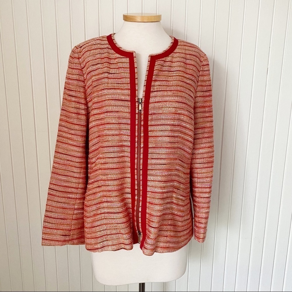 Lafayette 148 New York Red Orange Striped Soft Tweed-like Jacket